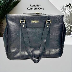 Reaction Kenneth Cole Black Faux Leather Double Gusset 16" Laptop Travel Tote